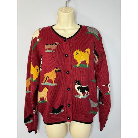 VTG Christine Foley Dogs Knit Cardigan Sweater Women's S (1) Red 90s Dog Pets - Picture 1 of 13